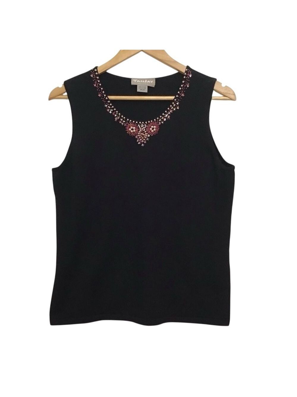 2/40$TANJAY black sleeveles top chic beaded details neckline bling medium petite